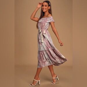 Dazed Purple Multi Tie-Dye Ruffled Off-the-Shoulder Midi Dress